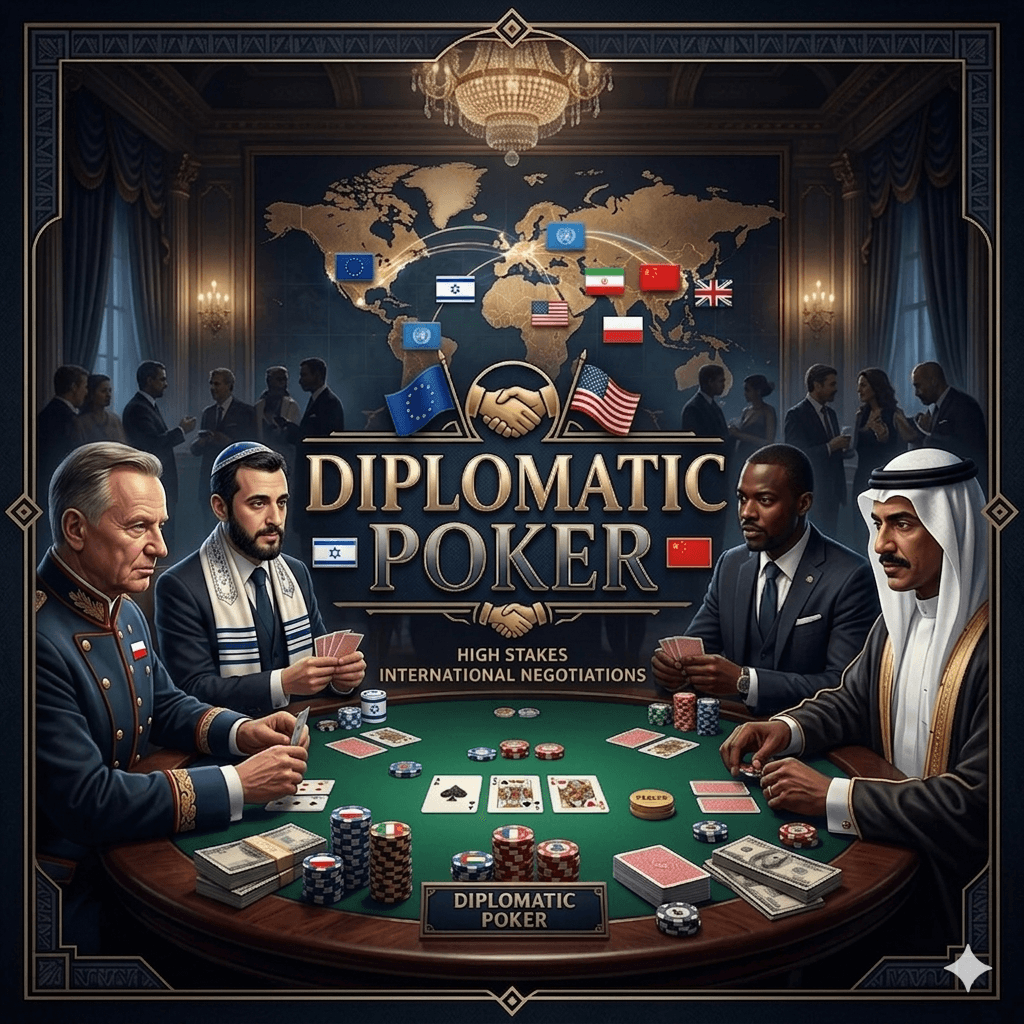 Diplomatic Poker — stół negocjacyjny z flagami delegacji i mapą świata