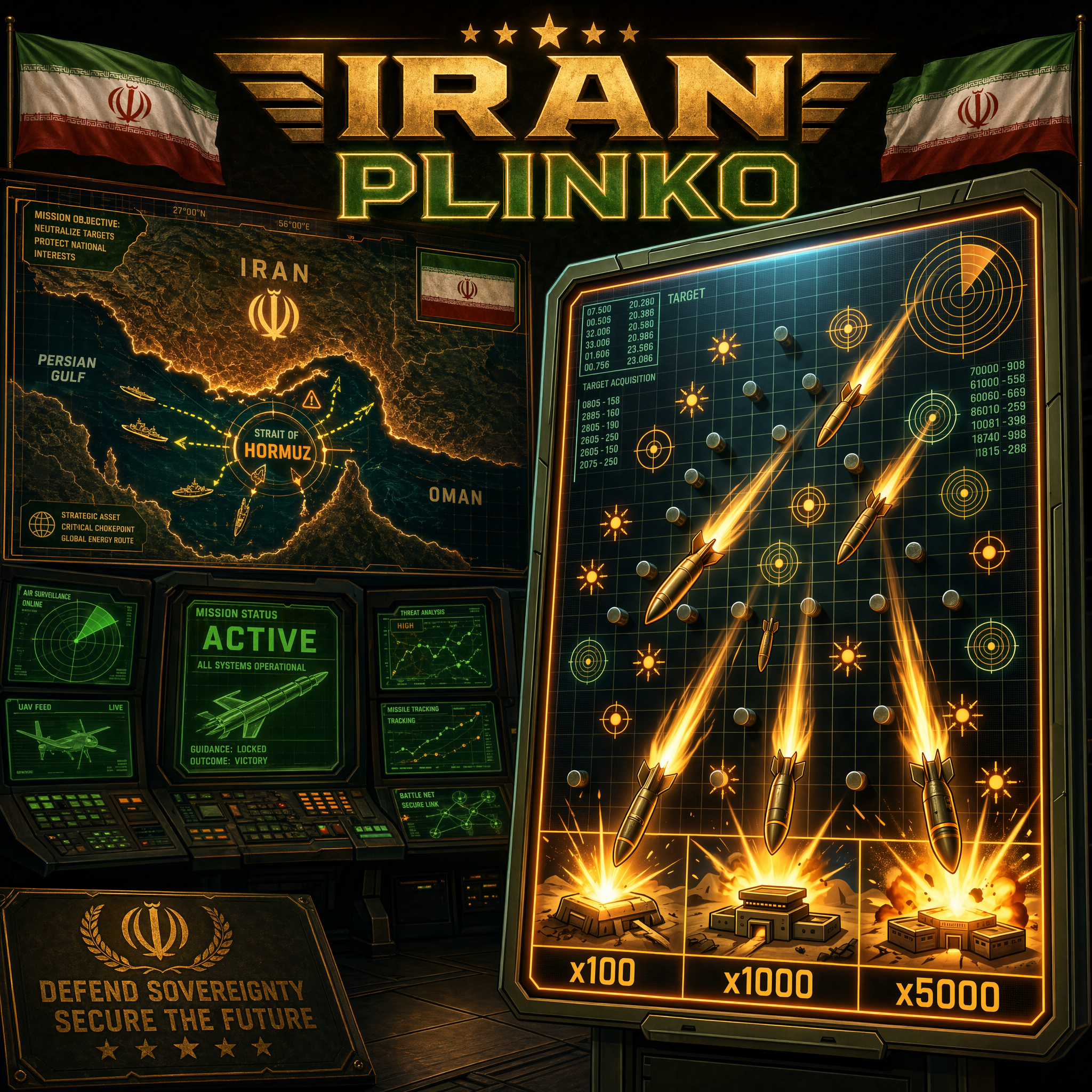 Iran Plinko — centrum dowodzenia z mapą Zatoki Perskiej