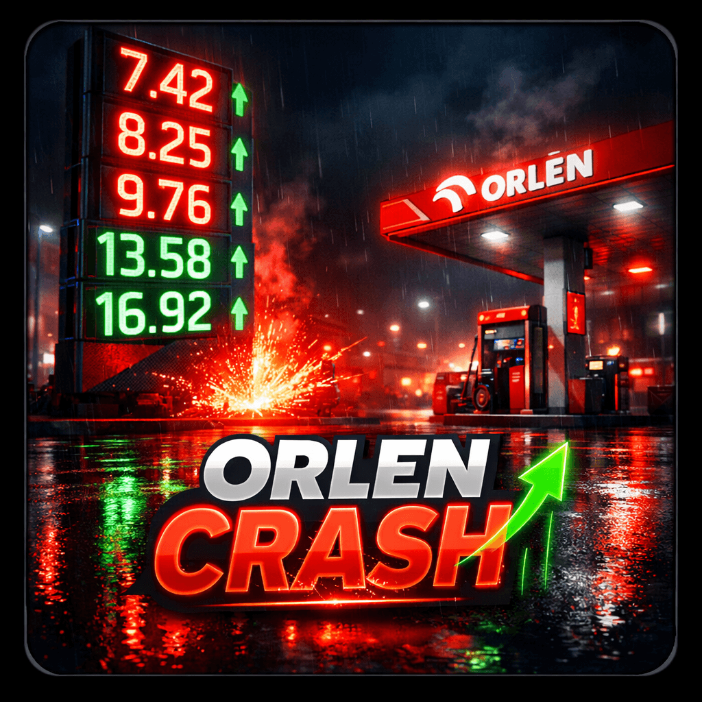 Orlen Crash — neonowy pylon cenowy stacji w deszczową noc